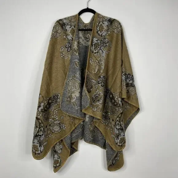 2/$30 NEW Boho Floral Ruana Oversized Open Wrap Poncho Blanket Scarf - Picture 6 of 10